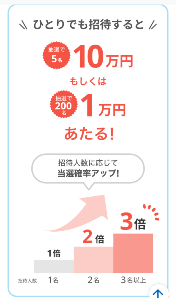 エアウォレット友達招待キャンペーンでひとりでも招待すると最大10万円が当たる抽選が開催されていることを示す画像