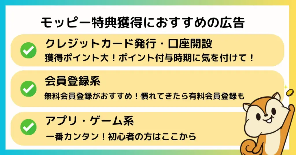 モッピー
新規会員登録特典を獲得するためにおすすめの広告