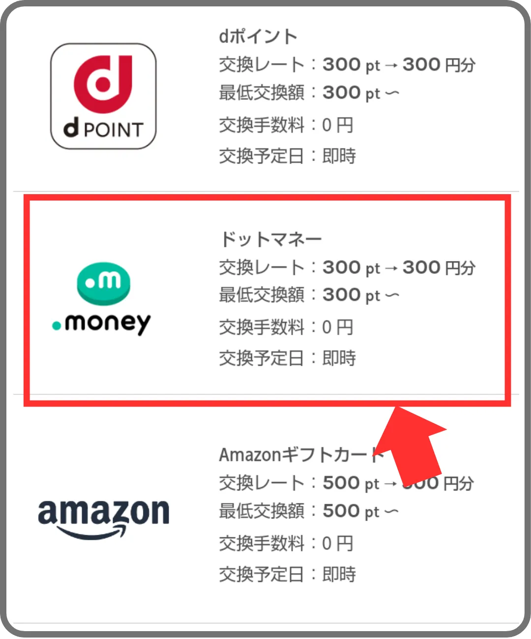 ワラウのポイント交換手順②任意の交換先（この例ではドットマネー）を選択（筆者による実際のキャプチャ）