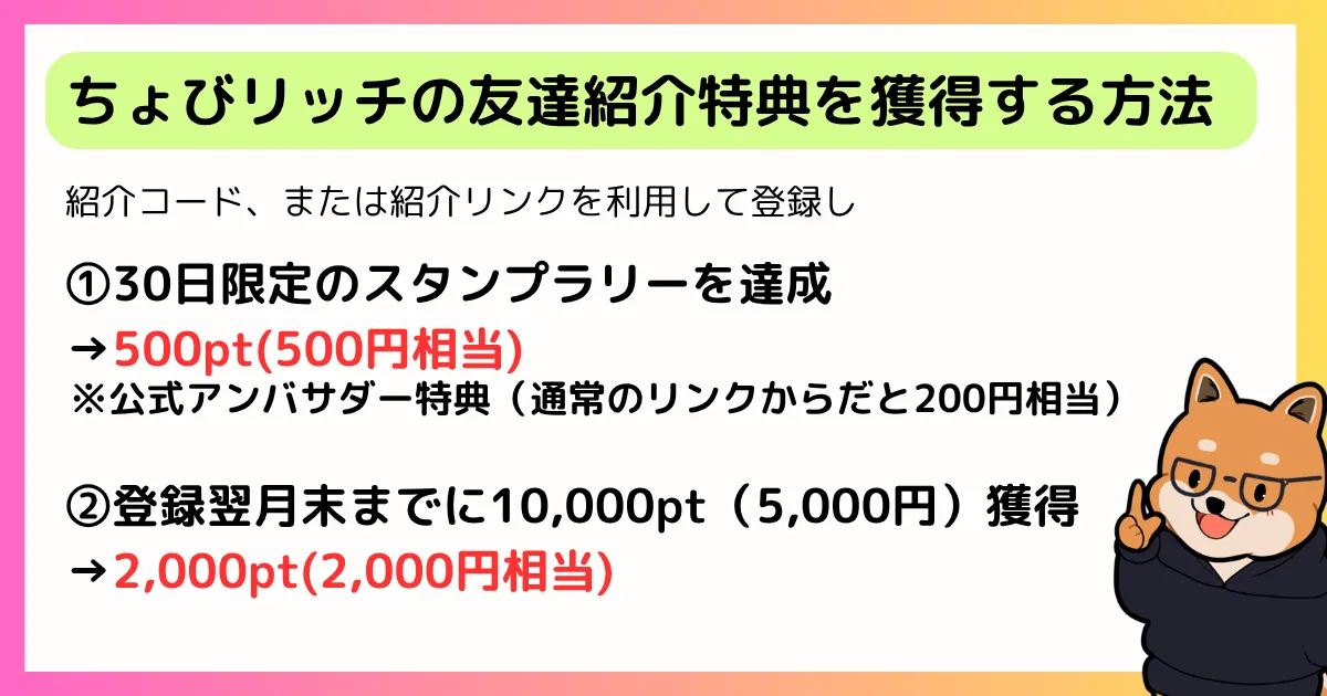 ちょびリッチの友達紹介特典の獲得方法｜スタンプラリー達成と広告利用で最大2500円獲得できることを示す筆者自作の図解