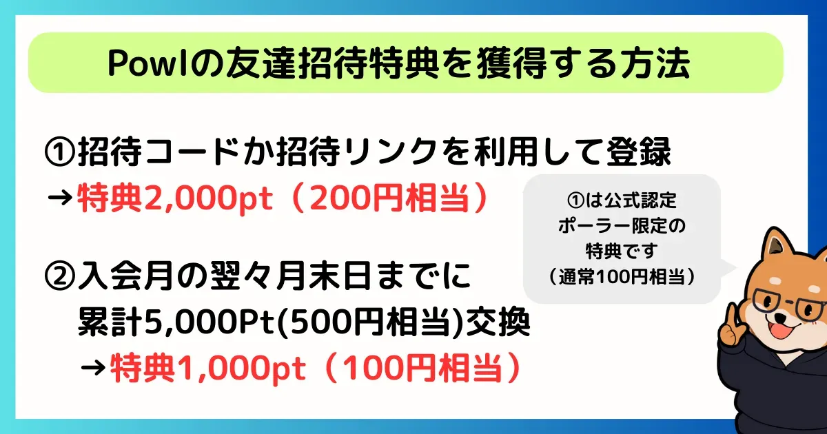 Powlの友達招待特典を獲得するには、①招待コードまたはリンクを使って登録すると2,000pt、②入会月の翌々月末までに5,000ptを交換するとさらに1,000ptがもらえる2段階の条件を説明する図解
(①は認定ユーザー限定の特典)