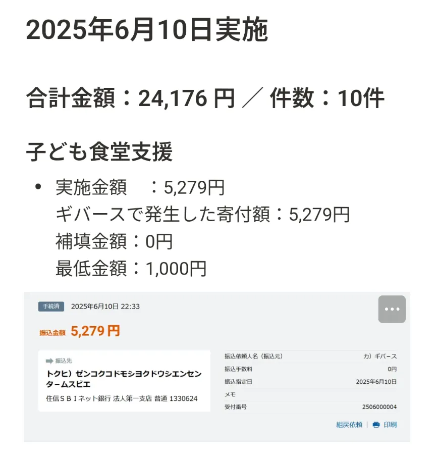 givearthで実施された寄付のレポートの一例を示す画像