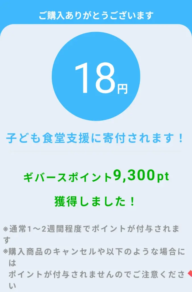 購入後、寄付に当てられる金額と、獲得したギバースポイントが表示されている画像
