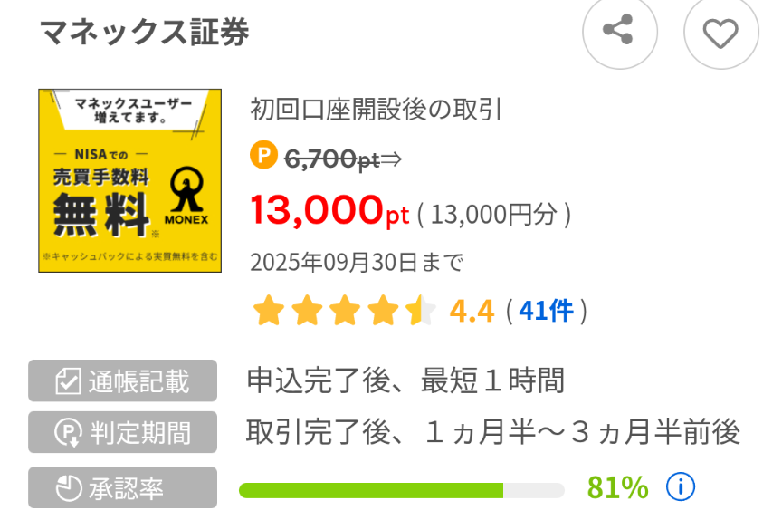 ワラウに掲載中のおすすめ案件として、「マネックス証券」のスクリーンショット