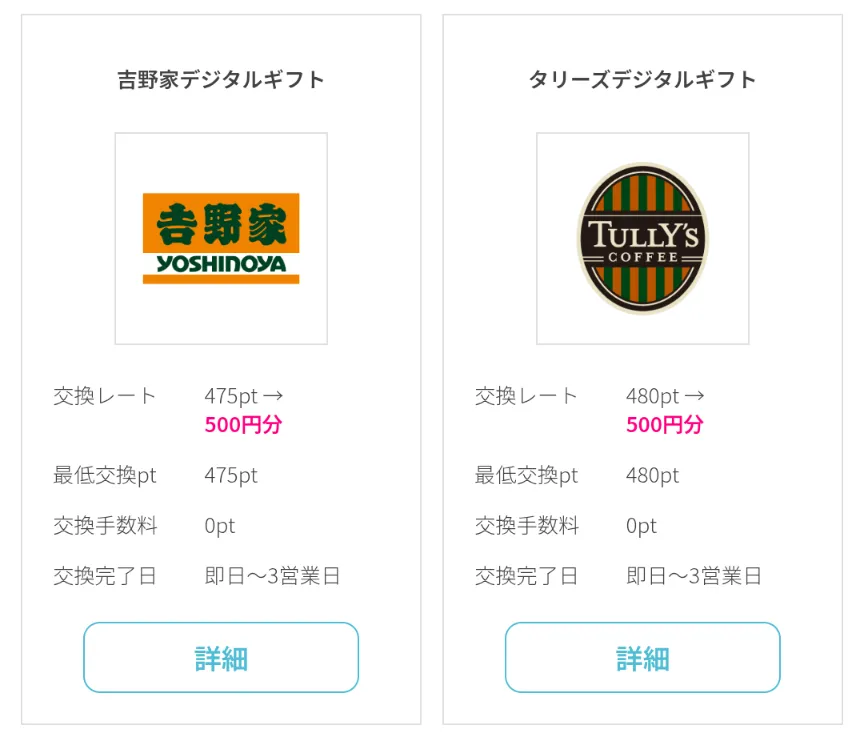 ハピタスのおすすめポイント交換先:吉野家・タリーズなど