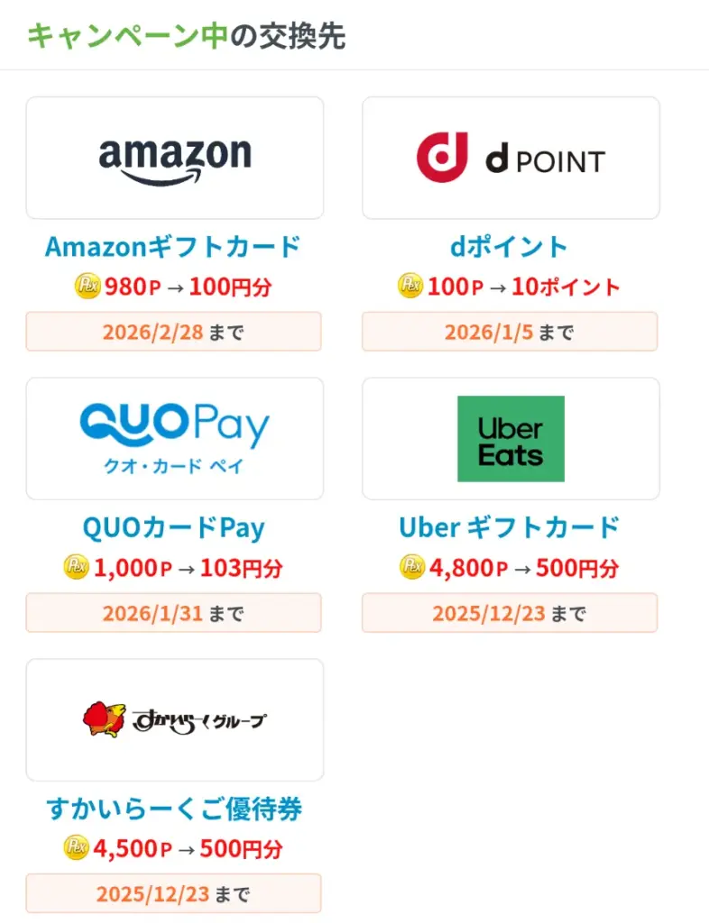 PeXはポイント交換時の増量キャンペーンを数多く開催していてお得だということを示すスクリーンショット