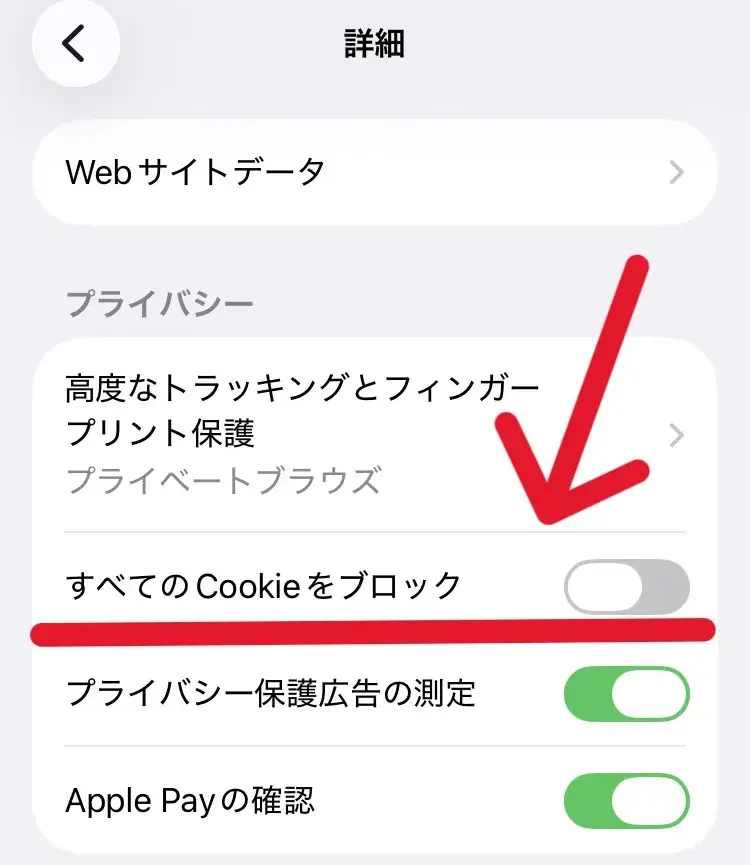ポイントサイトを利用する際、iPhoneでは「すべてのCookiemwo ブロック」の設定をオフにする必要があることを示すスクリーンショット