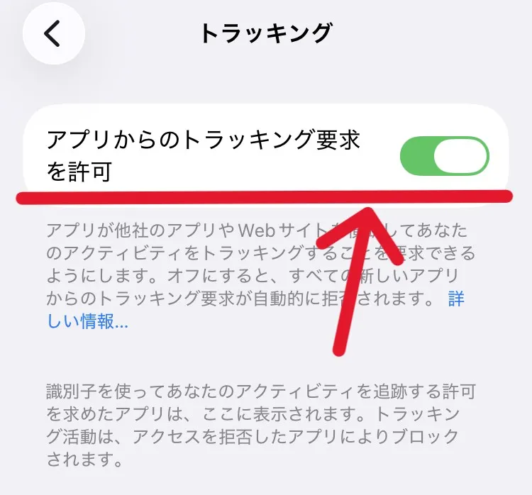 ポイントサイトを利用する際、iPhoneでは「アプリからのトラッキング要求を許可」をONにする必要があることを示すスクリーンショット